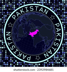 Pakistan on globe vector. Futuristic satellite view of the world centered to Pakistan. Geographical illustration with shape of country and squares background. Bright neon colors on dark background.