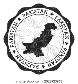 Pakistan outdoor stamp. Round sticker with map of country with topographic isolines. Vector illustration. Can be used as insignia, logotype, label, sticker or badge of the Pakistan.