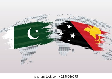 Pakistan and Papua New Guinea flags. Pakistani and Papua New Guinea flags, isolated on grey world map background. Vector illustration.
