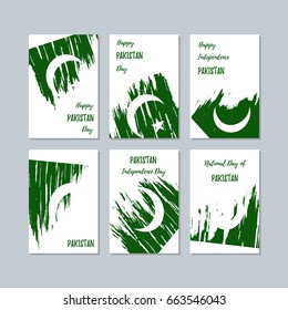 Pakistan Patriotic Cards for National Day. Expressive Brush Stroke in National Flag Colors on white card background. Pakistan Patriotic Vector Greeting Card.