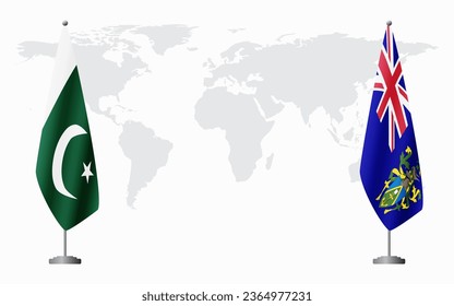 Pakistan and Pitcairn Islands flags for official meeting against background of world map.