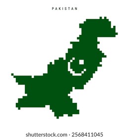 Pakistan pixel flag map icon. 8 bit pixel art Pakistani map covered with flag. Flat vector illustration isolated on white background.