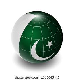 Pakistan (PK) (Pakistani) National Flag 2.5D Isometric View, Metallic Sphere Ball Globe Design, Flag Symbol Isolated on White Background