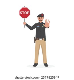 Pakistan Police man using a hand sign to stop and holding a stop sign board vector illustration