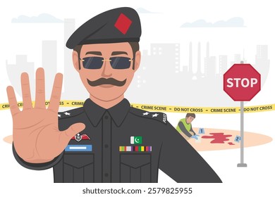 Pakistan police man using a hand sign to stop crime scene investigation vector illustration