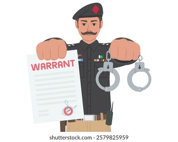 Pakistan Police officer with arrest warrant and handcuff vector illustration