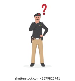 Pakistan Police officer thinking in a thoughtful pose with question mark. concept. vector illustration