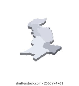 Pakistan political map of administrative divisions - provinces and autonomous territories. 3D isometric blank vector map in shades of grey.