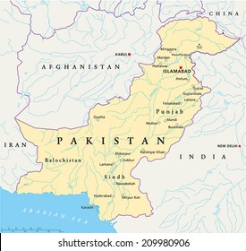 Pakistan Political Map with capital Islamabad, national borders, most important cities, rivers and lakes. Illustration with English labeling and scaling.