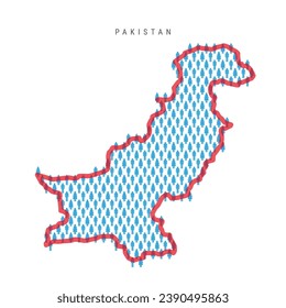 Mapa poblacional de Pakistán. Las figuras pegajosas del pueblo paquistaní mapean con la audaz frontera roja translúcida del país. Patrón de iconos de hombres y mujeres. Ilustración vectorial aislada. Trazo editable.
