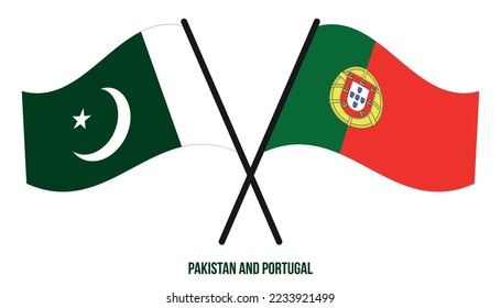 Pakistan and Portugal Flags Crossed And Waving Flat Style. Official Proportion. Correct Colors.