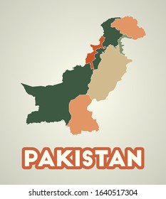 Pakistan poster in retro style. Map of the country with regions in autumn color palette. Shape of Pakistan with country name. Classy vector illustration.