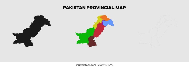 Pakistan Provincial Map in colors. EPS file also in selhoutte and outlined form. Editable EPS file.