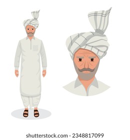 Pakistan Punjabi Man with Turban, Pagdi, Headgear, Dastar, Patka, vector illustration Pakistan People