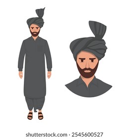 Pakistan Punjabi Man with Turban, Pagdi, Headgear, Dastar, Patka, vector illustration Pakistan People