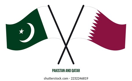 Pakistan and Qatar Flags Crossed And Waving Flat Style. Official Proportion. Correct Colors.