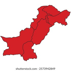 Pakistan red map with border of regions outline vector