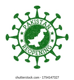 Pakistan Reopening Stamp. Green round badge of country with map of Pakistan. Country opening after lockdown. Vector illustration.