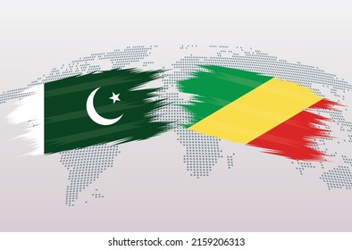 Pakistan and Republic of Congo flags. Pakistani and Congo flags, isolated on grey world map background. Vector illustration.