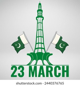 Pakistan Resolution Day, 23. März mit Minar e Pakistan mit zwei Pakistan Flagge und schreiben Sie 23 März.Pakistan Day Feier. Vektor-Illustration