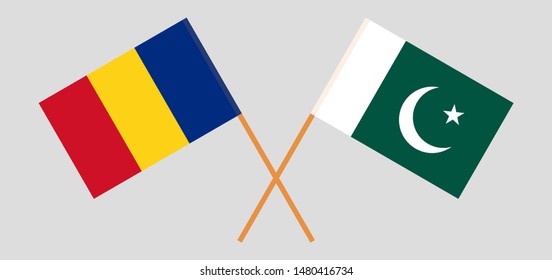 Pakistan and Romania. Crossed Pakistani and Romanian flags
