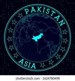 Pakistan round sign. Futuristic satellite view of the world centered on Pakistan. Country badge with map, round text, and binary background. Classy vector illustration.