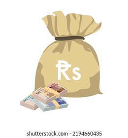 Pakistan Rupee Vector Illustration. Pakistani money set bundle banknotes. Money bag 500, 1000, 5000 PKR. Flat style. Isolated on white background. Simple minimal design.