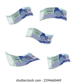 Pakistan Rupee Vector Illustration. Pakistani money set bundle banknotes. Falling, flying money 1000 PKR. Flat style. Isolated on white background. Simple minimal design.