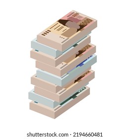 Pakistan Rupee Vector Illustration. Pakistani money set bundle banknotes. Paper money 500, 1000, 5000 PKR. Flat style. Isolated on white background. Simple minimal design.