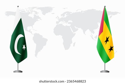 Pakistan and Sao Tome and Principe flags for official meeting against background of world map.