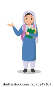 Pakistan school girl with books and school bag vector illustration on white background.