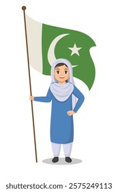 Pakistan school Student girl with Pakistan flag vector illustration