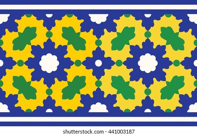 Pakistan Seamless Border. Traditional Islamic Floral Design. yellow, green, blue, white colors. Mosque decoration element.