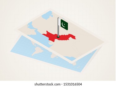 Pakistan selected on map with isometric flag of Pakistan. Vector paper map.