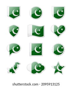 Pakistan - set of country flags in the form of stickers of various shapes. Vector illustration