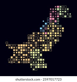 Pakistan, shape of the country build of colored cells. Digital style map of the Pakistan on dark background. Large size square blocks. Beautiful vector illustration.