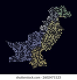 Pakistan, shape of the country built of colored cells. Digital style map of Pakistan on dark background. Small size rounded square blocks. Amazing vector illustration.