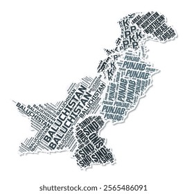 Pakistan shape text cloud. Country border with shadow on white background. Pakistan with regions division in vintage gazette style. Awesome vector illustration.