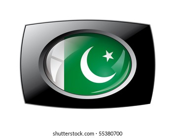 Pakistan shiny button flag with black frame -  vector illustration. Isolated abstract object against white background.