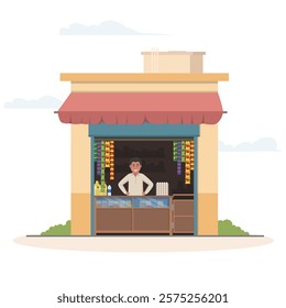 Pakistan shopkeeper inside the small commercial shop, cartoon style vector illustration