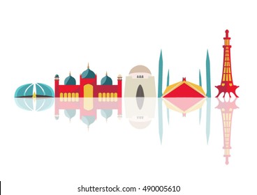 Pakistan Skyline with Gray, Red Landmarks and Reflections. Vector Illustration. Business Travel and Tourism Concept with Historic Buildings. Image for Presentation Banner Placard and Web.