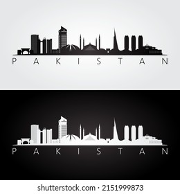 Pakistan skyline and landmarks silhouette, black and white design, vector illustration.