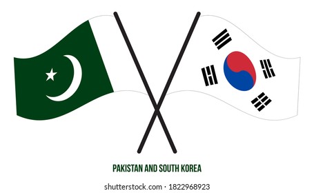 Pakistan and South Korea Flags Crossed And Waving Flat Style. Official Proportion. Correct Colors.