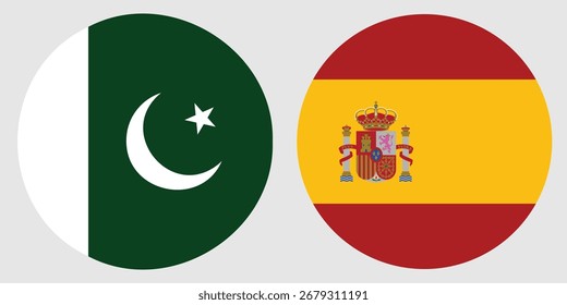 Pakistanische und spanische Rundfahnen auf grauem Hintergrund , Internationale Einheit und Diplomatie , Vektorgrafik und Illustration 