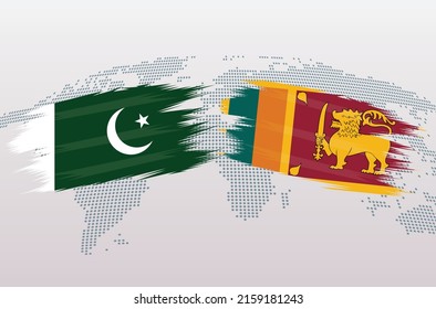 Pakistan and Srilanka flags. Pakistani and Srilankan flags, isolated on grey world map background. Vector illustration.