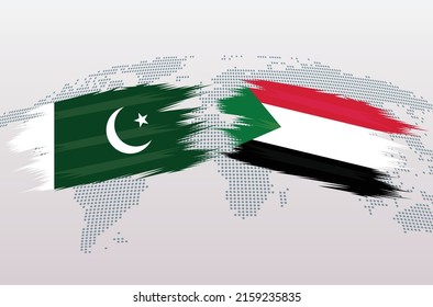 Pakistan and Sudan flags. Pakistani and Sudanese flags, isolated on grey world map background. Vector illustration.