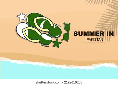 Pakistan summer holiday vector banner, beach vacation concept, flip flops sunglasses starfish on sand, copy space area, Pakistan summer travel and tourism idea with flag