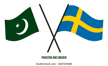 Pakistan and Sweden Flags Crossed And Waving Flat Style. Official Proportion. Correct Colors.