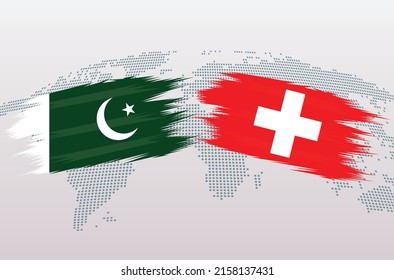 Pakistan and Switzerland flags. Pakistani and Switzerland flags, isolated on grey world map background. Vector illustration.