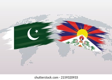 Pakistan and Tibet flags. Pakistani and Tibet flags, isolated on grey world map background. Vector illustration.